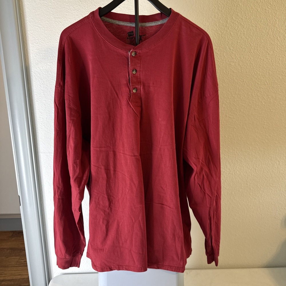 Hanes Beefy Long Sleeve T-Shirt Men's Maroon Henley Shirt 1/4 Button Size 3XL